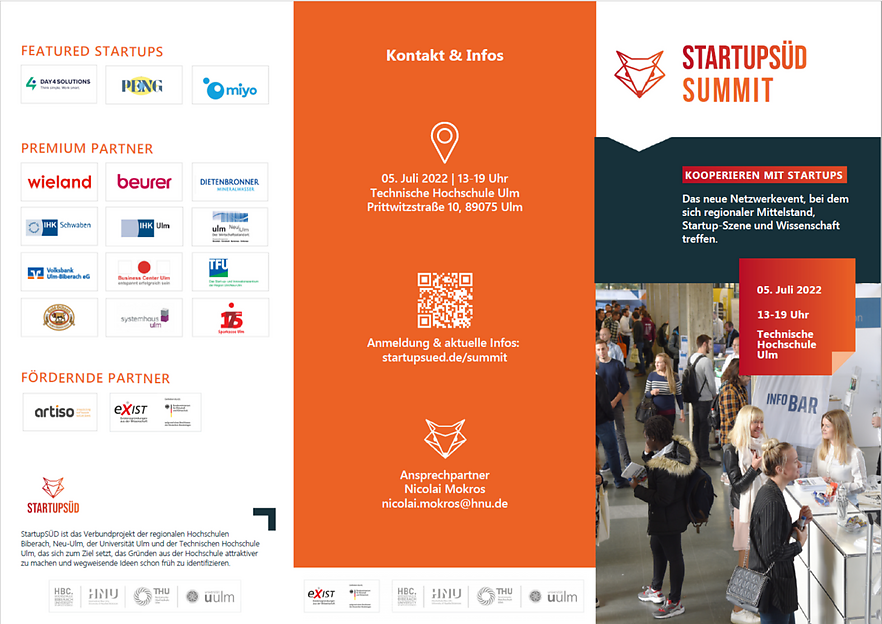 Kooperation mit Startups - Einladung zum StartupSÜD SUMMITam Dienstag, den 05. Juli 2022, von 14:00 bis 18:30 Uhr an der THU Technischen Hochschule Ulm