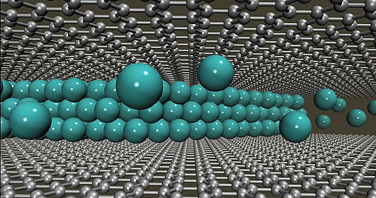 Modelldarstellung einer mehrlagigen, dicht gepackten Speicherung von Lithium zwischen zwei Graphenlagen (Abbildung: Dr. M. Ghorbani-Asl / HZDR)